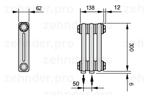 Схема (чертеж) Радиатор Zehnder Charleston 2030/3 №5410 Белый глянцевый RAL 9016